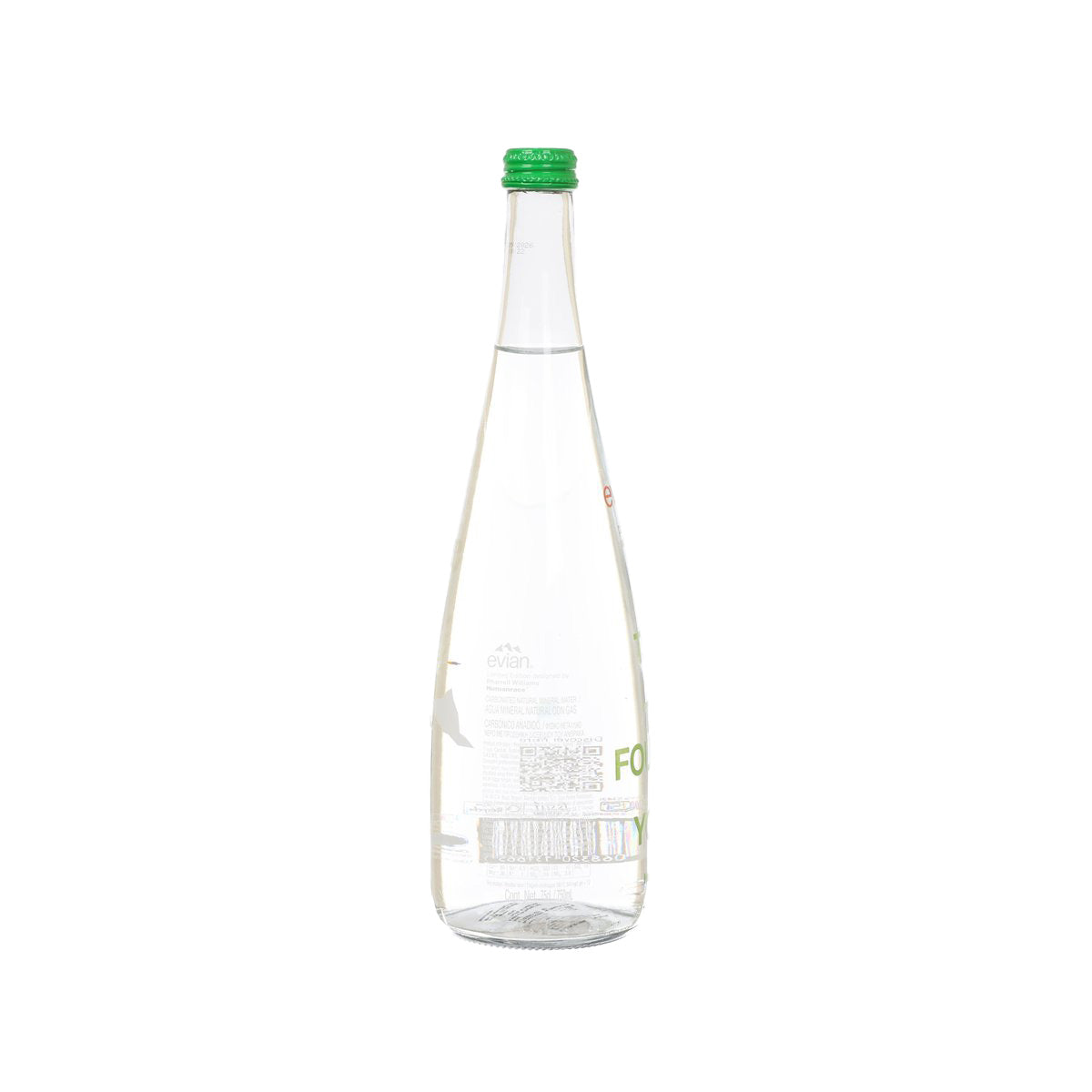 Clear water bottle with green cap, back label with barcode and text visible