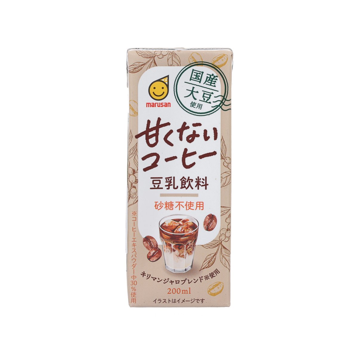 MARUSAN unsweetened soy milk coffee tetra pack, 200 mL, front label with cup graphic.
