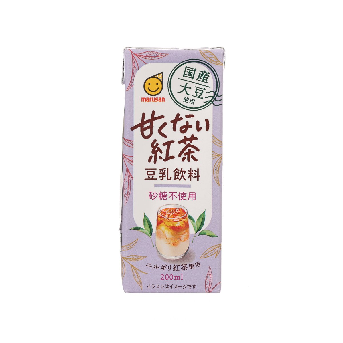 Unsweetened soy milk black tea tetra pack, front panel with brand and 200 mL