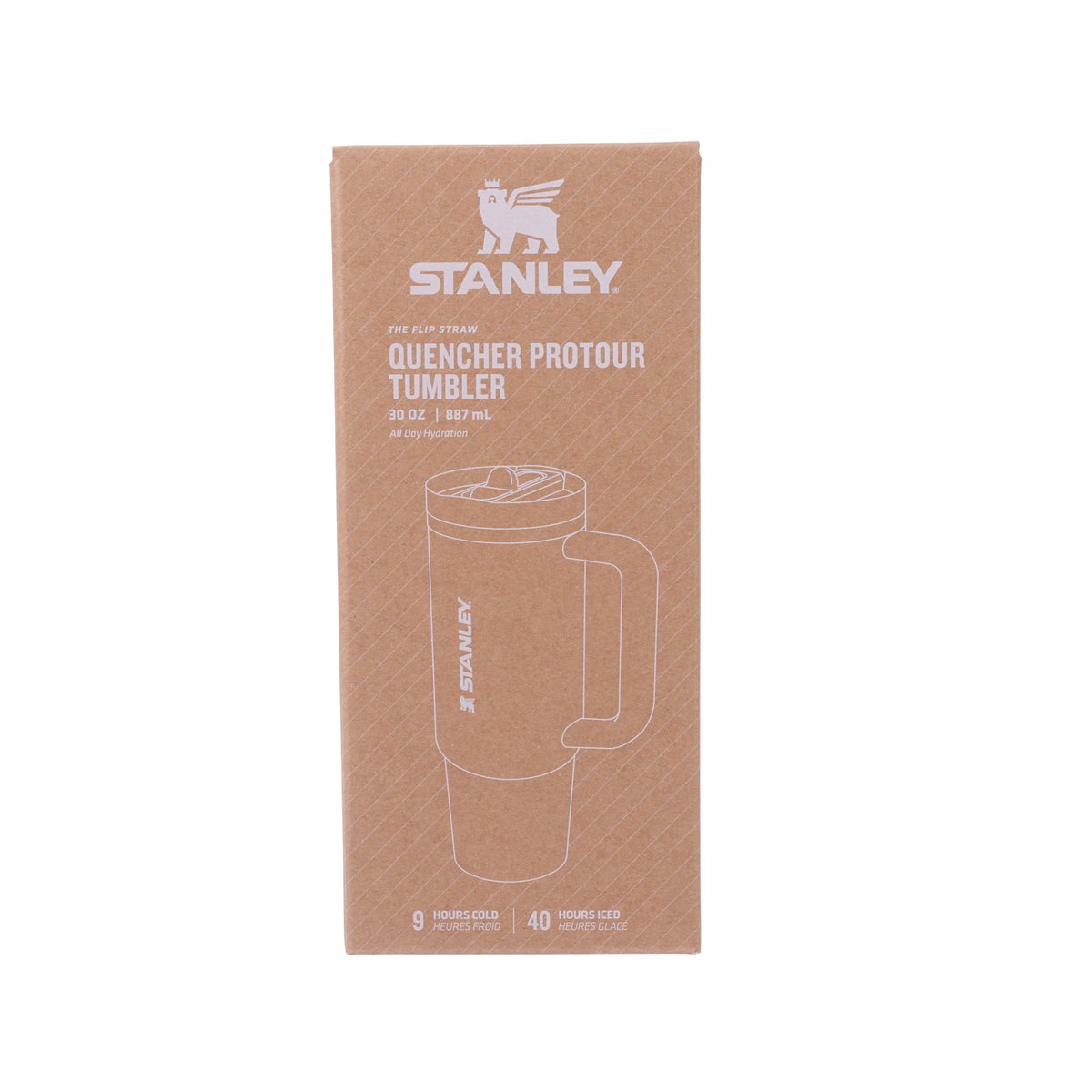 STANLEY Quencher Protour tumbler box, apricot, shows tumbler and handle illustration