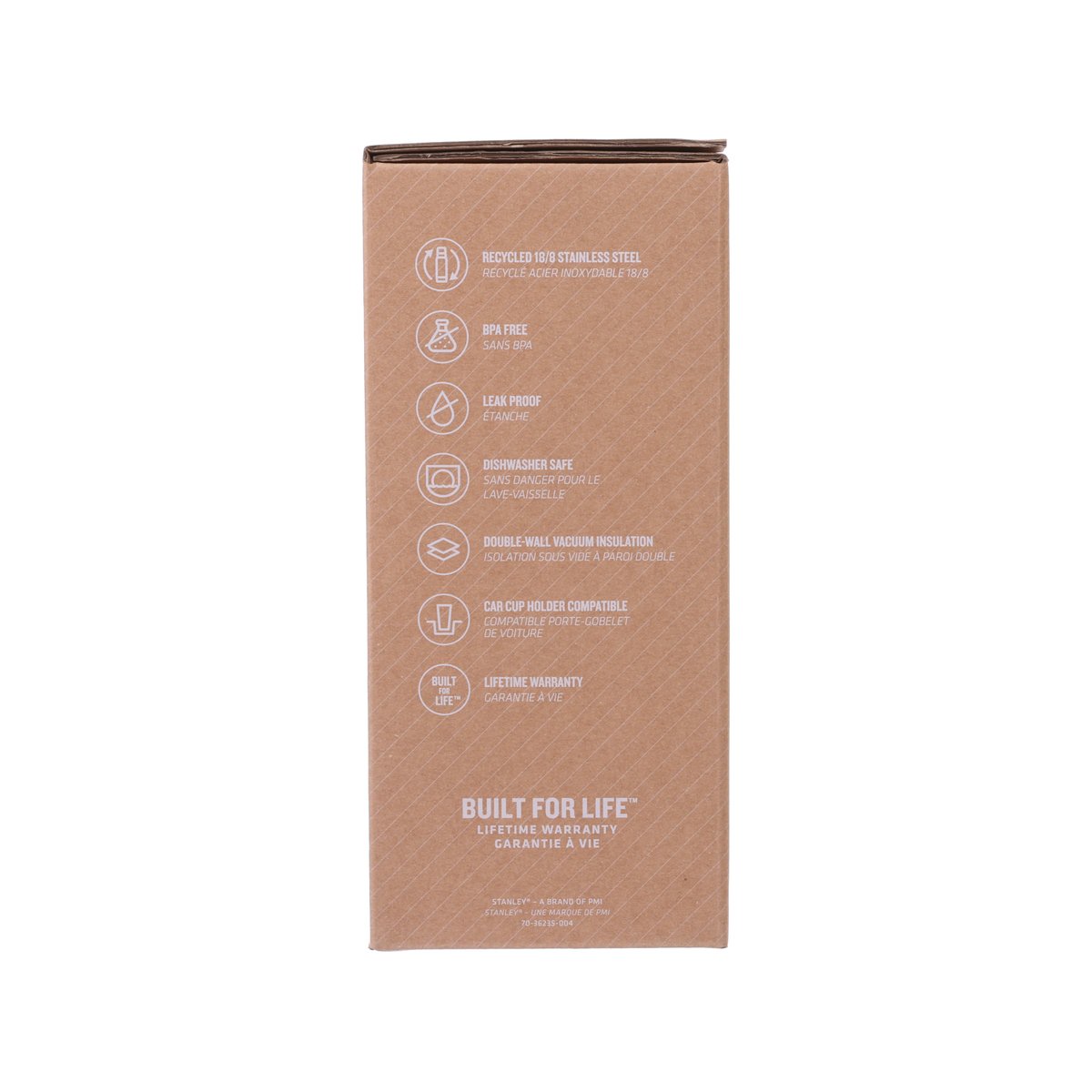 STANLEY Quencher Protour tumbler box back with usage icons and Built for Life text