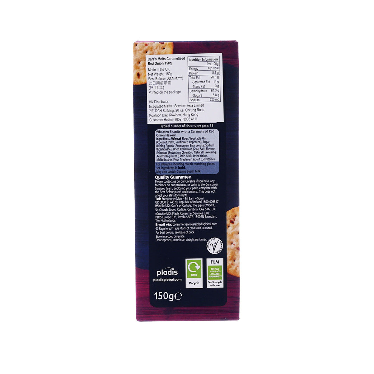 Back of caramelised red onion crackers box with ingredients and nutrition, 150g