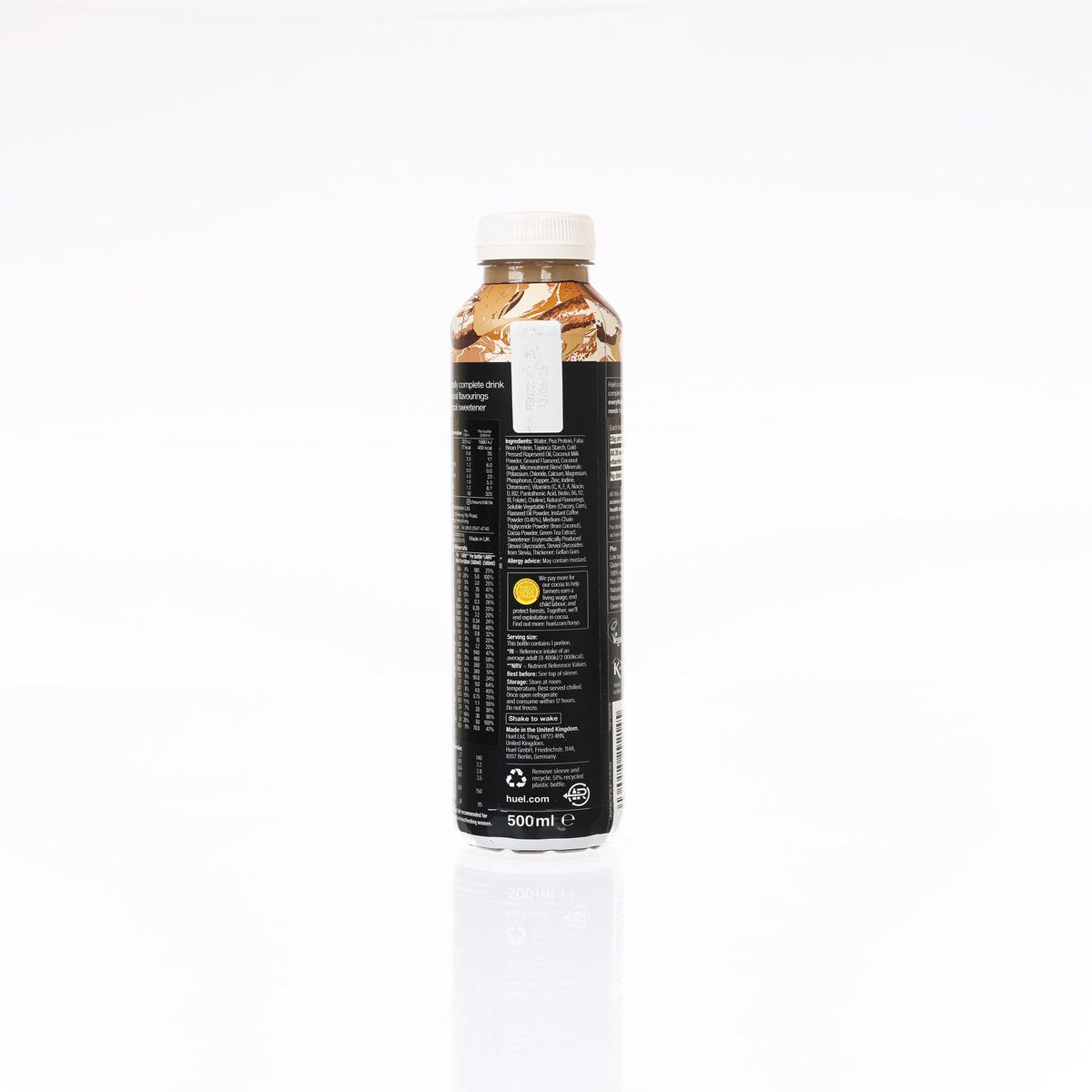 HUEL Iced Latte high-protein meal drink, back label on black PET bottle, 500 mL