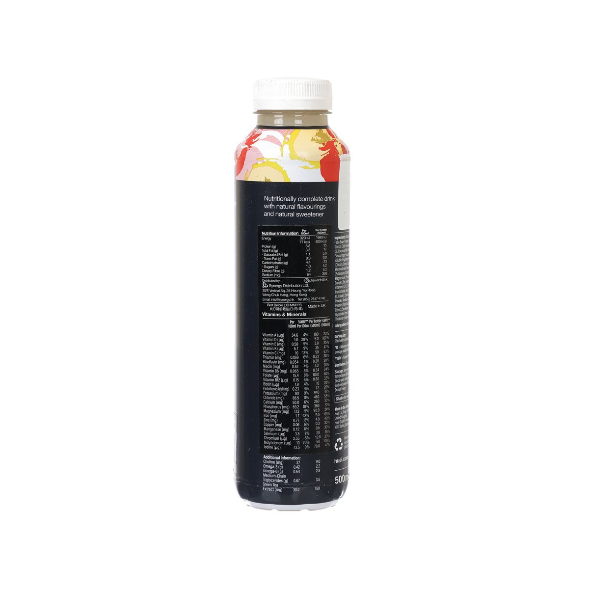 HUEL Black Edition meal drink PET bottle, back label with nutrition and ingredients
