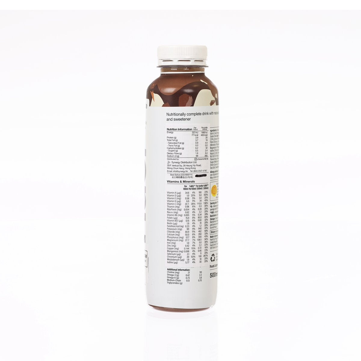 HUEL chocolate complete protein drink back label on 500 mL PET bottle