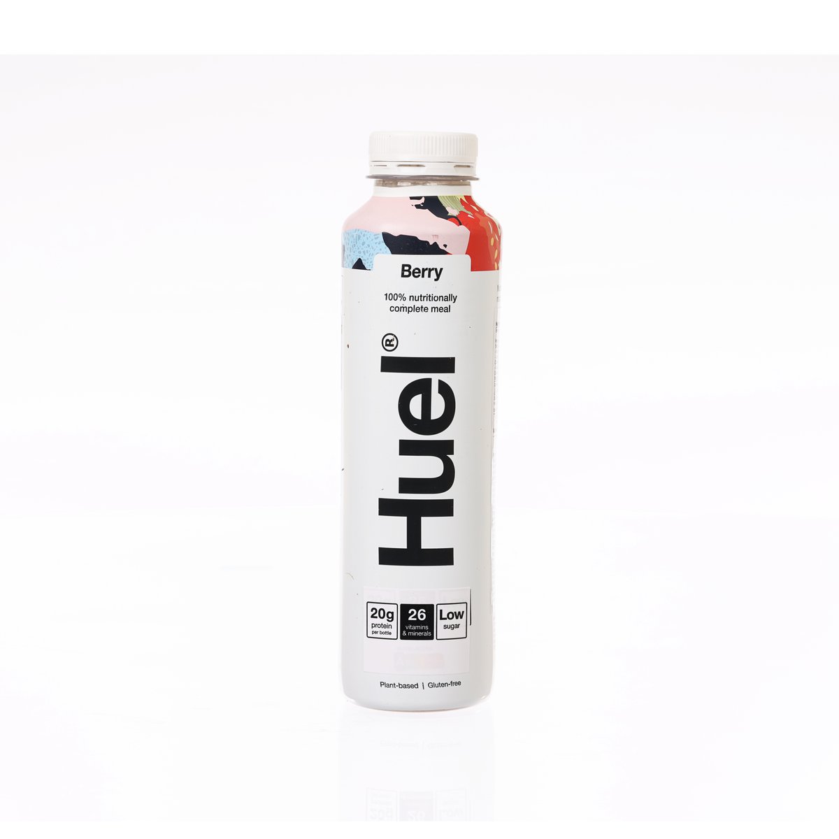 HUEL berry protein meal drink bottle, front label and nutrition badges