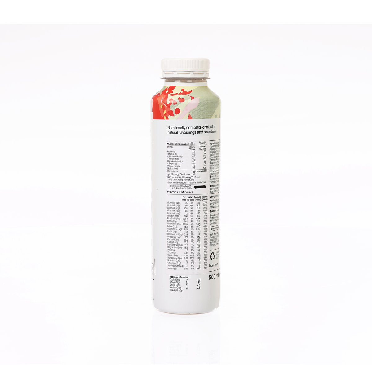 HUEL berry protein meal drink bottle, back label with nutrition table