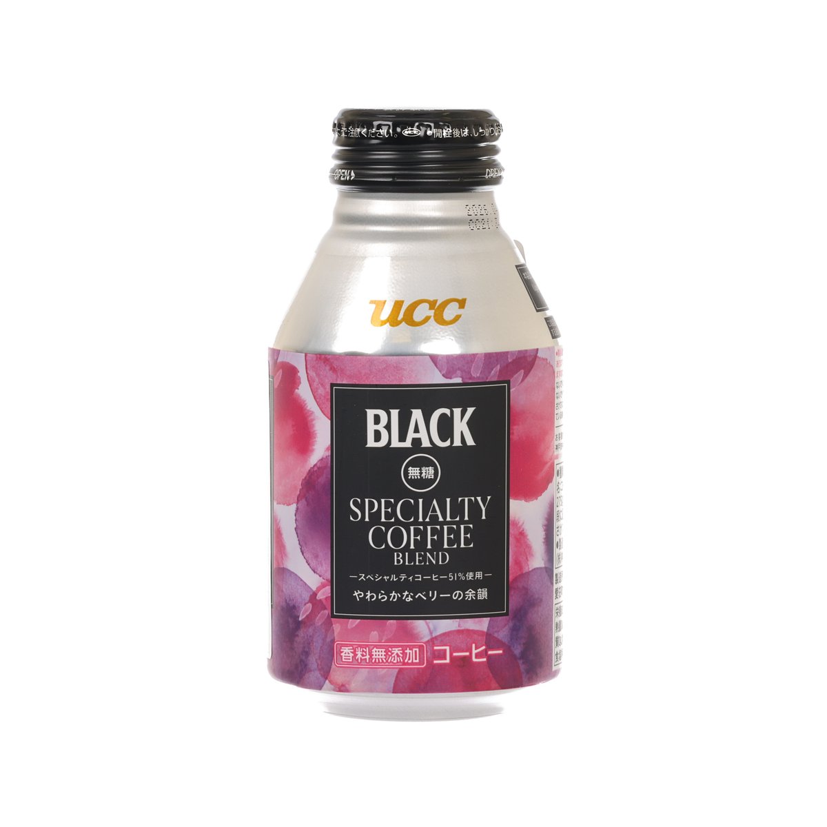 UCC black specialty coffee blend bottle, dark cap with front label