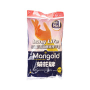 Marigold Long Life gloves packaging, dark blue bag with orange glove icon, size M