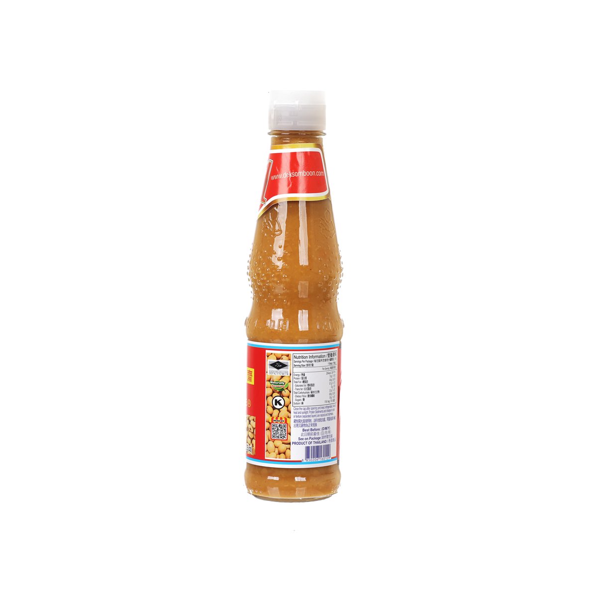 Soybean paste bottle with back label, red band, and barcode panel