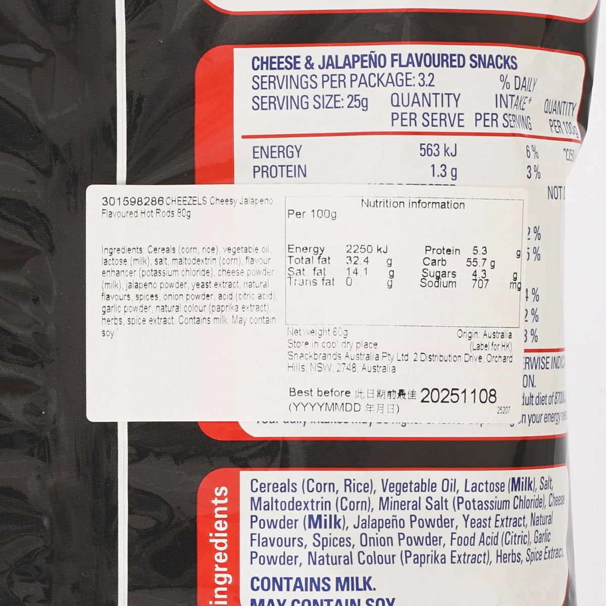 CHEEZELS Cheesy Jalapeño Flavoured Hot Rods package back label with nutrition facts