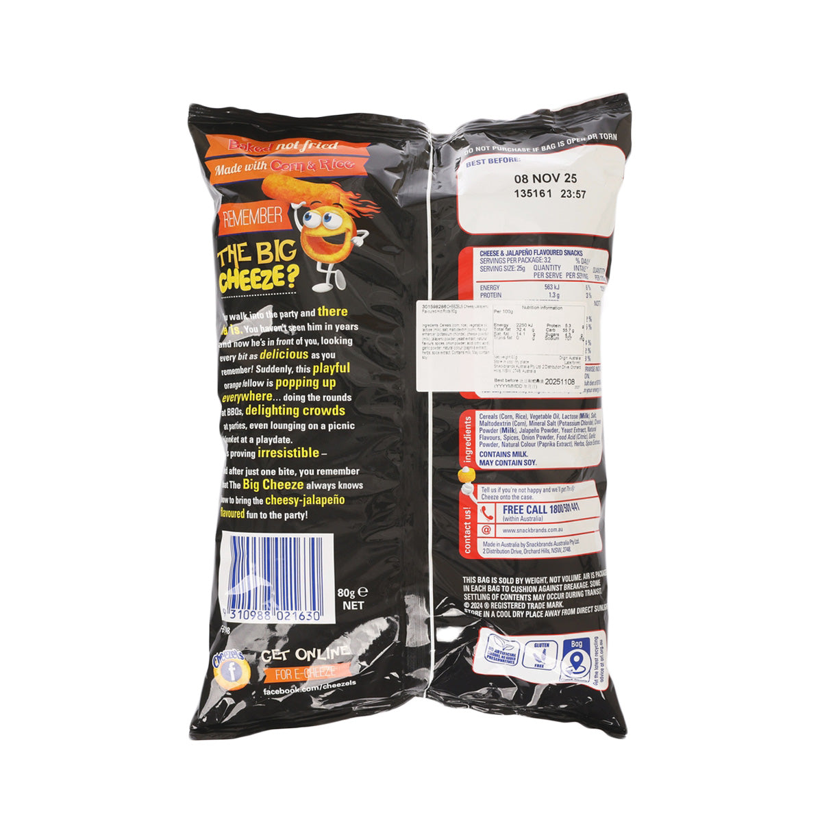 CHEEZELS Hot Rods cheesy jalapeno snack bag, back with nutrition and ingredients