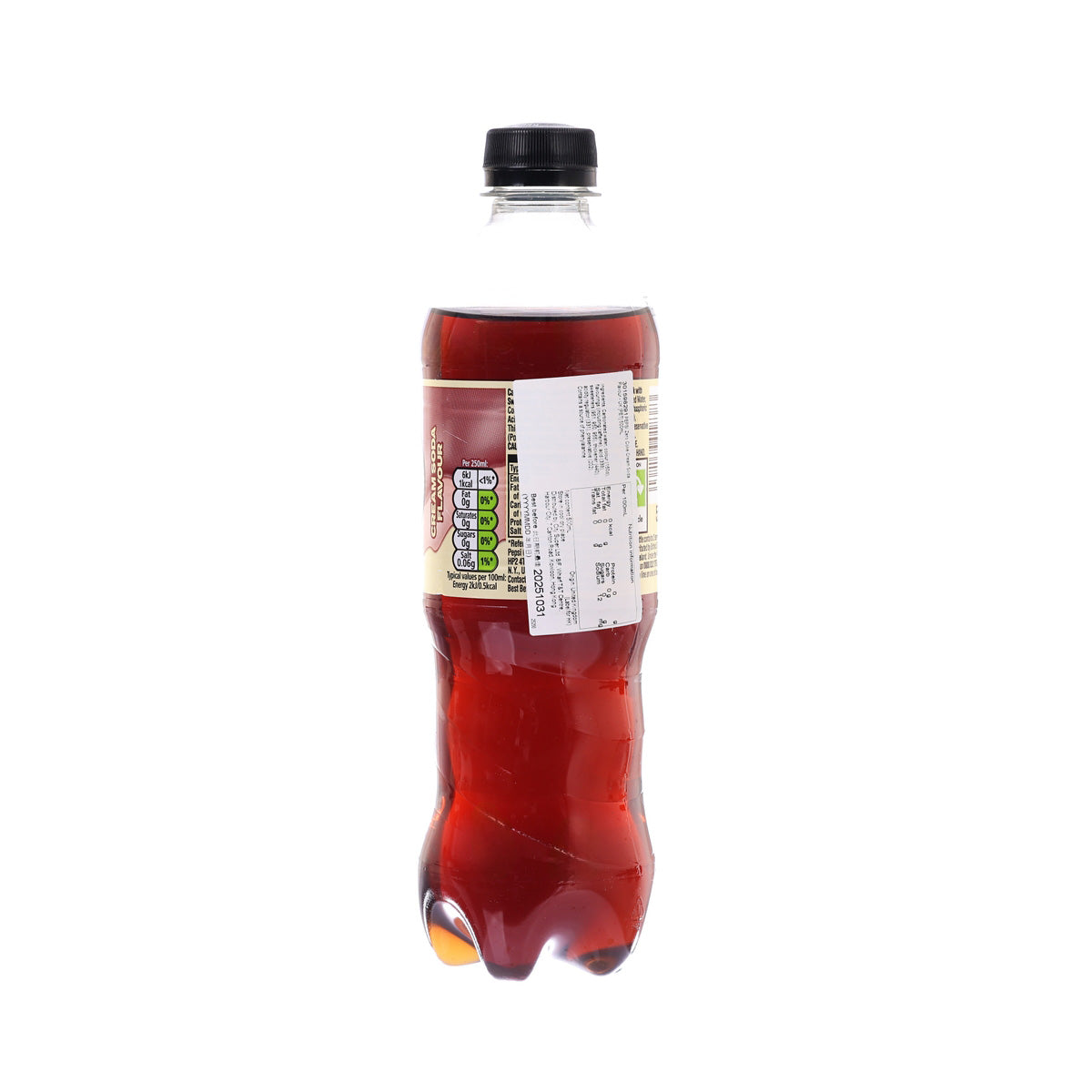 Pepsi Zero cream soda PET bottle back label, red liquid view, black cap