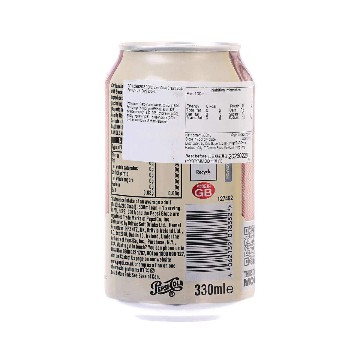 Pepsi Zero Cream Soda can back label with barcode and nutrition, 330 ml
