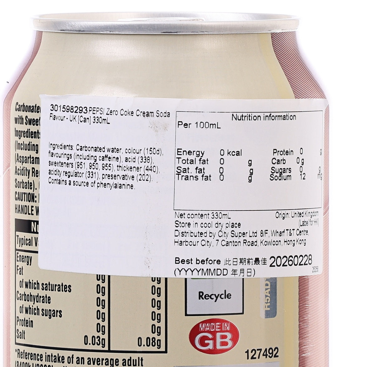 Pepsi Zero Cream Soda can nutrition panel with barcode and recycle info, 330 ml
