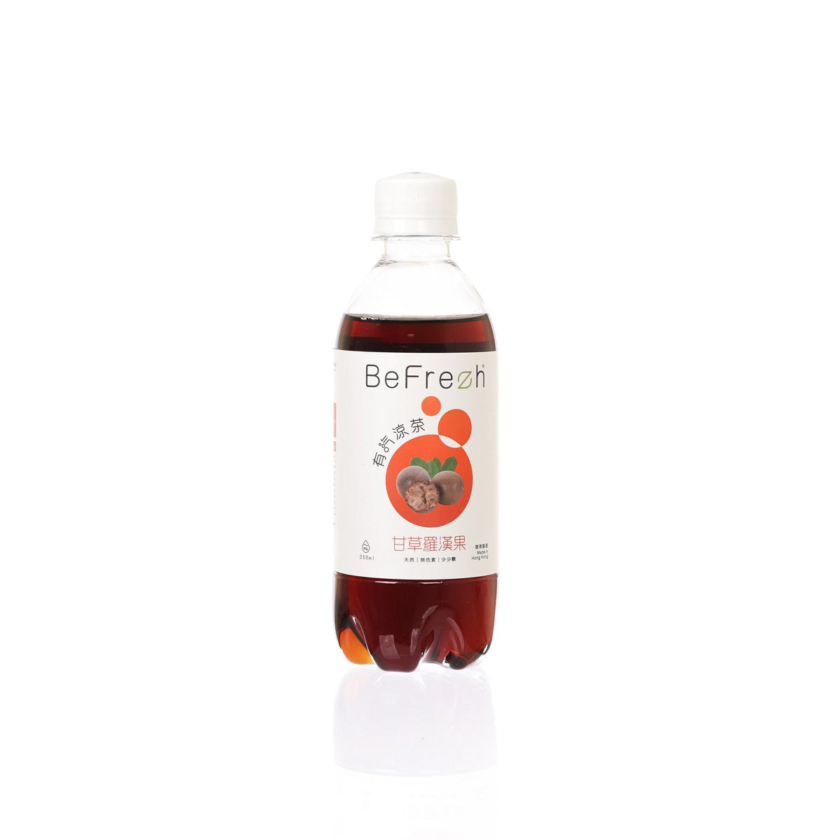 BEFREZH sparkling herbal tea bottle, PET 350 mL, front label with orange badge