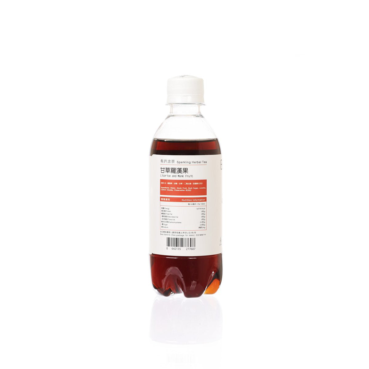 BEFREZH sparkling herbal tea bottle, PET 350 mL, back label with barcode