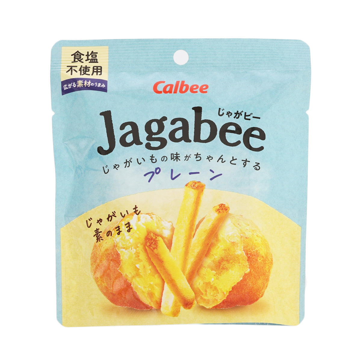 CALBEE Jagabee plain potato stick snack pouch, blue front with potato chip illustration