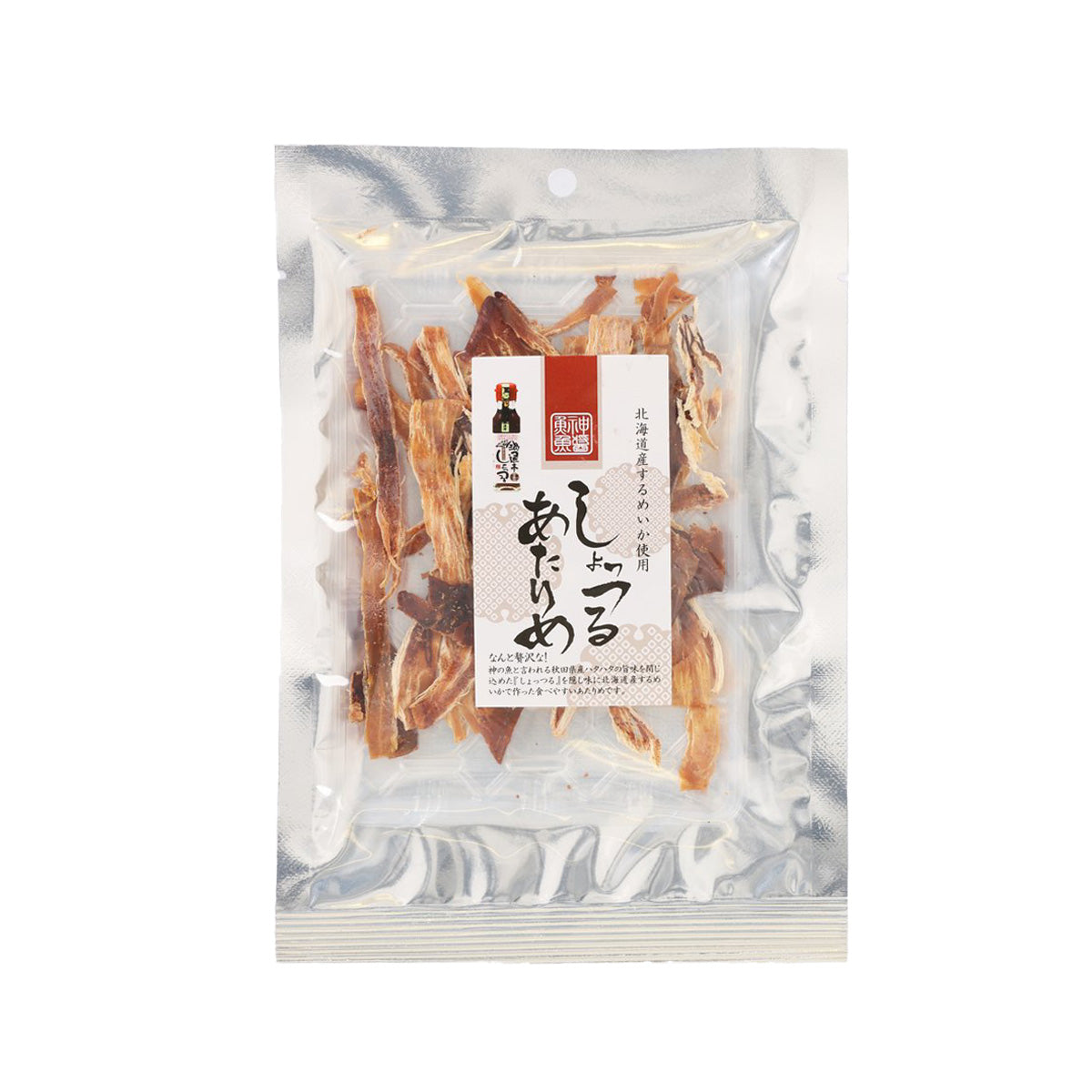 Dried squid snack pouch with reddish-brown strips, Shottsuru fish sauce flavor