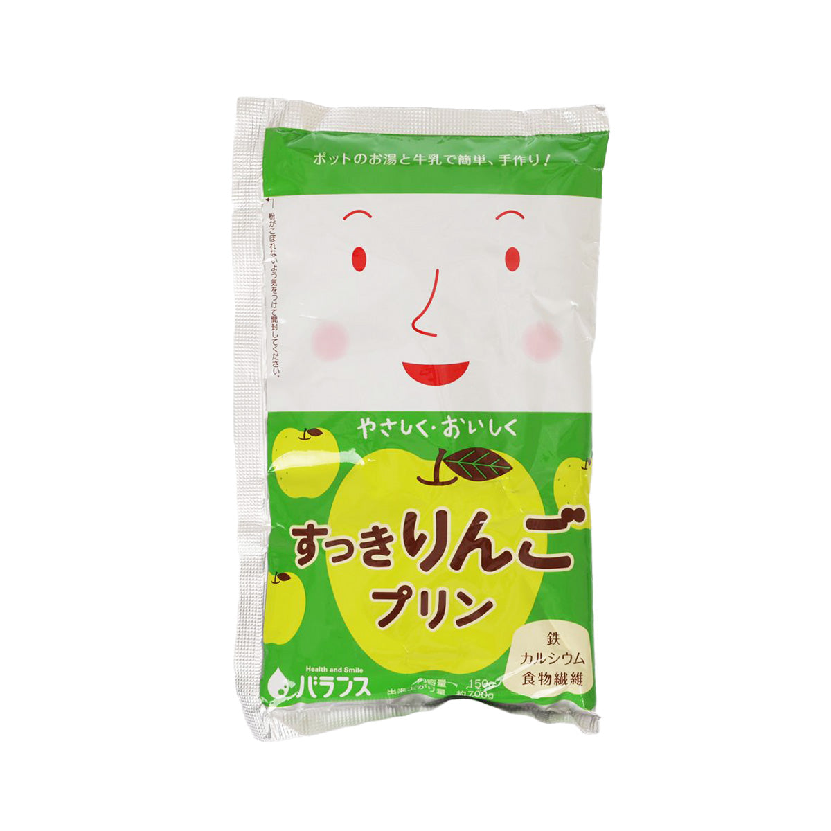 Apple pudding mix packet, white and green with smiling face and apple graphics