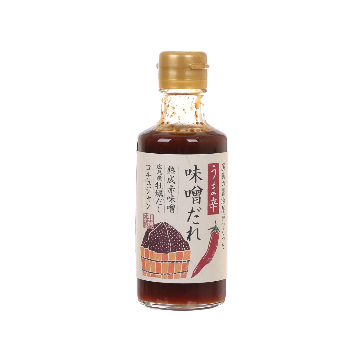 KAWANAKA spicy miso sauce bottle, amber contents, gold cap, front label with chili imagery