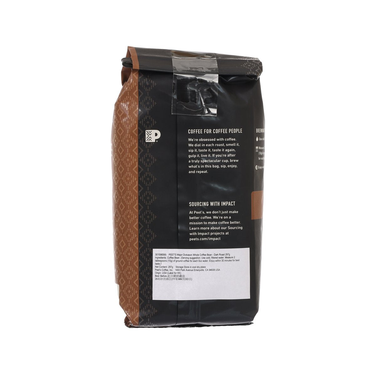 PEET'S whole bean dark roast coffee bag back panel with roasting and sourcing info