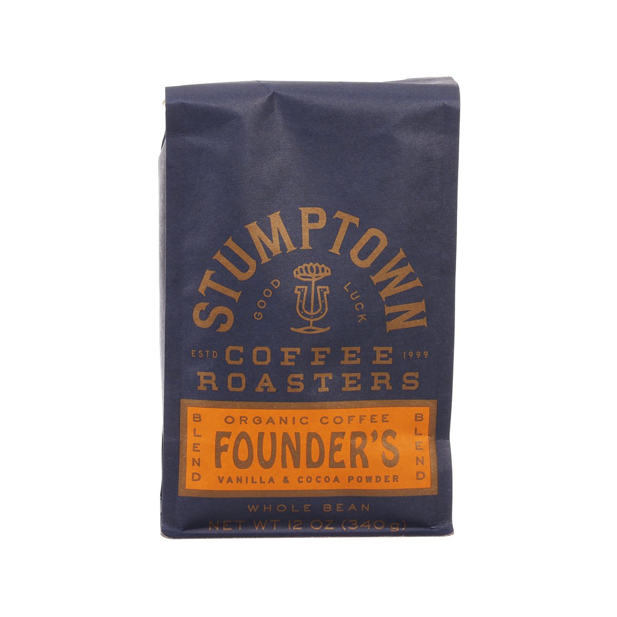 Coffee bean bag with STUMPTOWN founders blend label, organic whole beans, 340g
