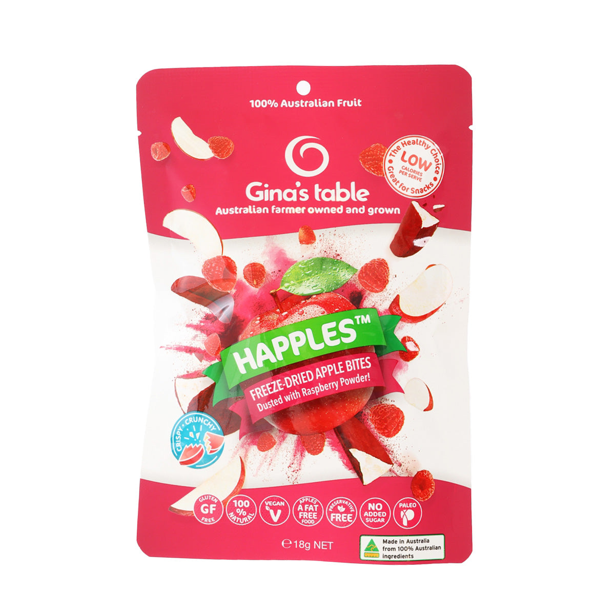 Freeze-dried apple bites pouch with raspberry powder, front label