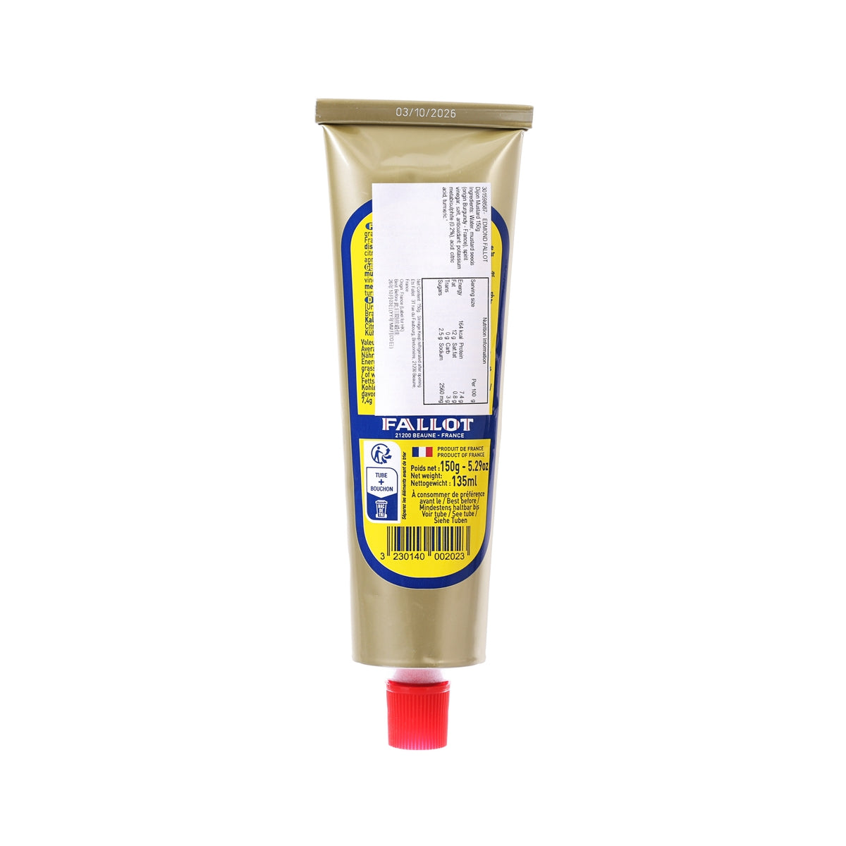 Dijon mustard squeeze tube back label with red cap, 150 g