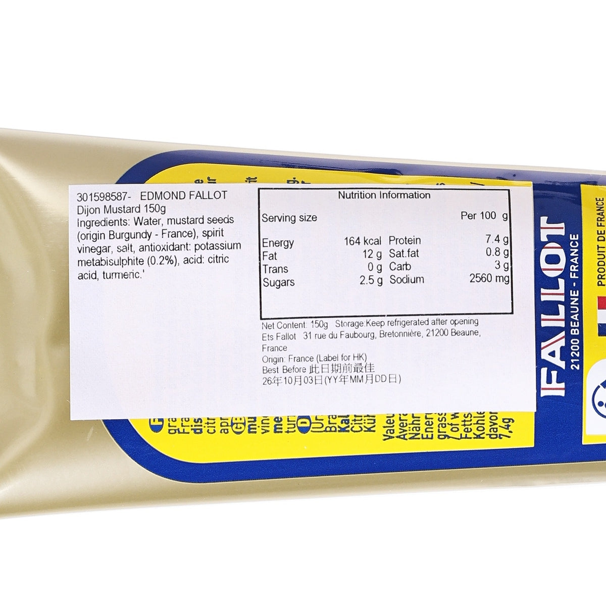 Close-up of Dijon mustard tube nutrition label panel