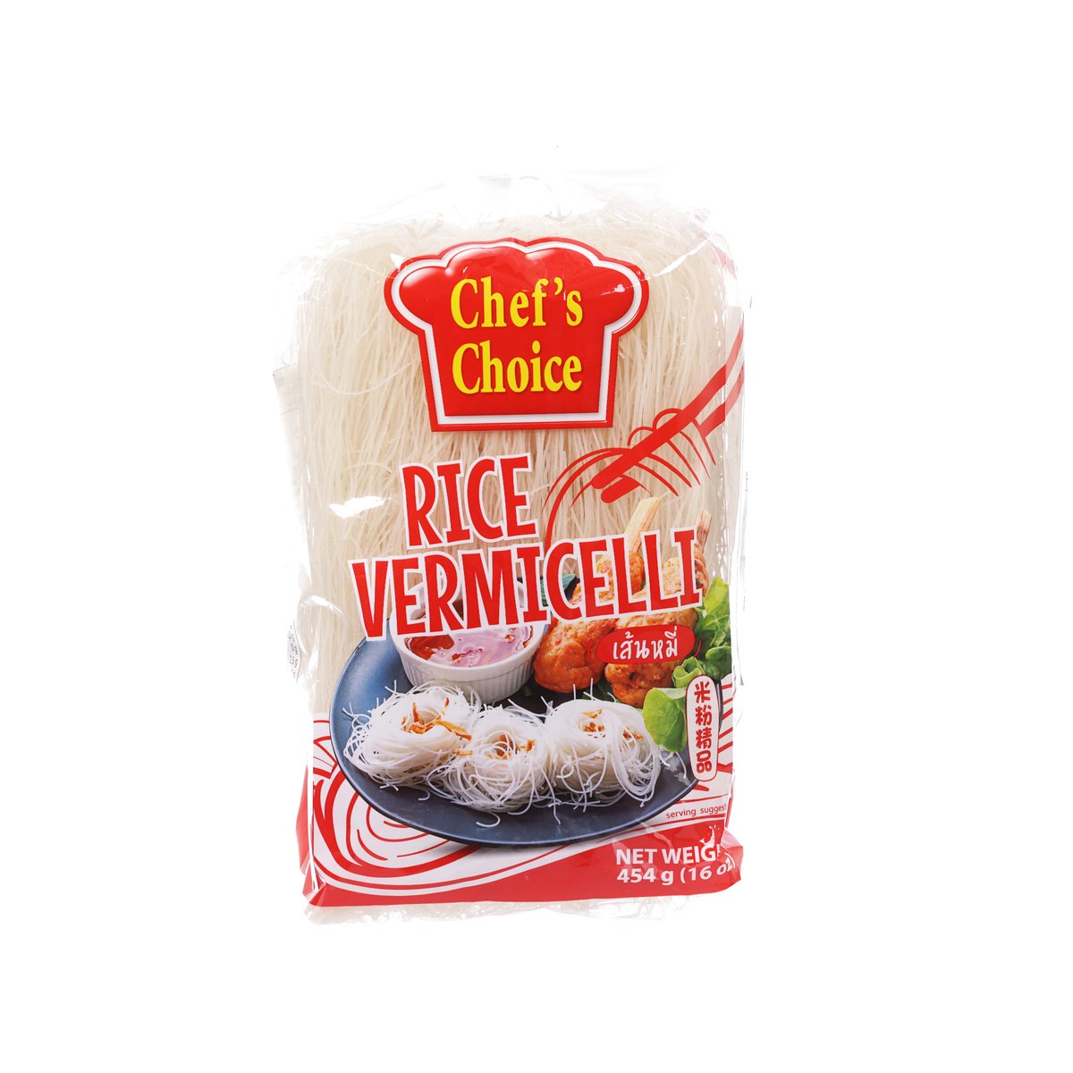 Rice vermicelli noodles in clear bag, Chef's Choice brand, 454 g net weight