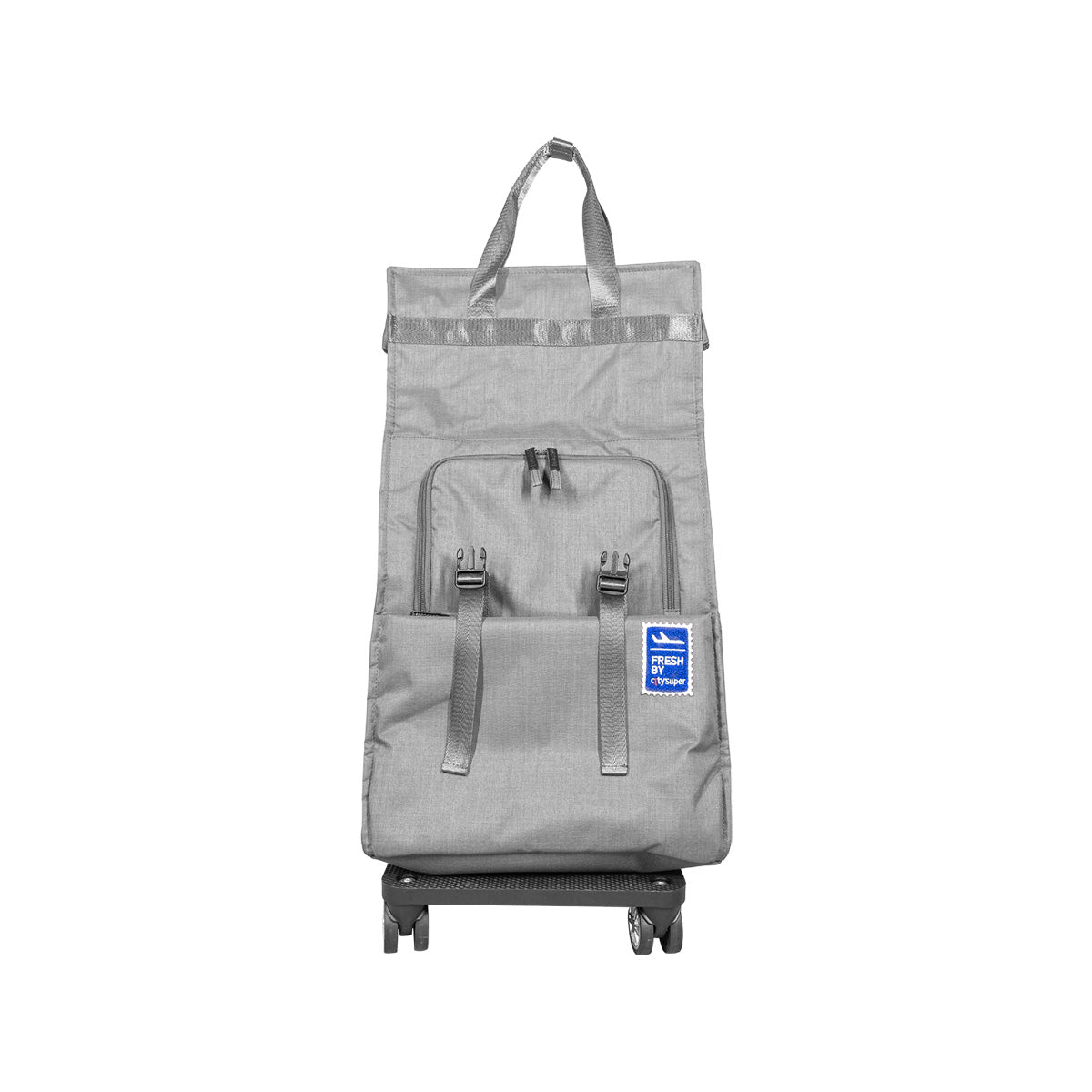 Expandable fold-up trolley with shoulder strap, 4 wheels, light grey front pocket