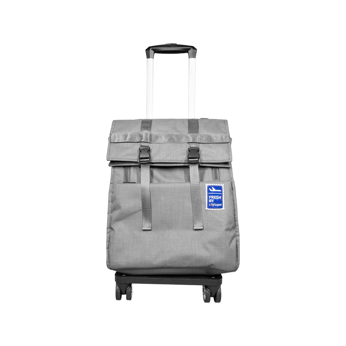Fold-up expandable trolley with strap, 4 wheels, light grey fabric with top handle