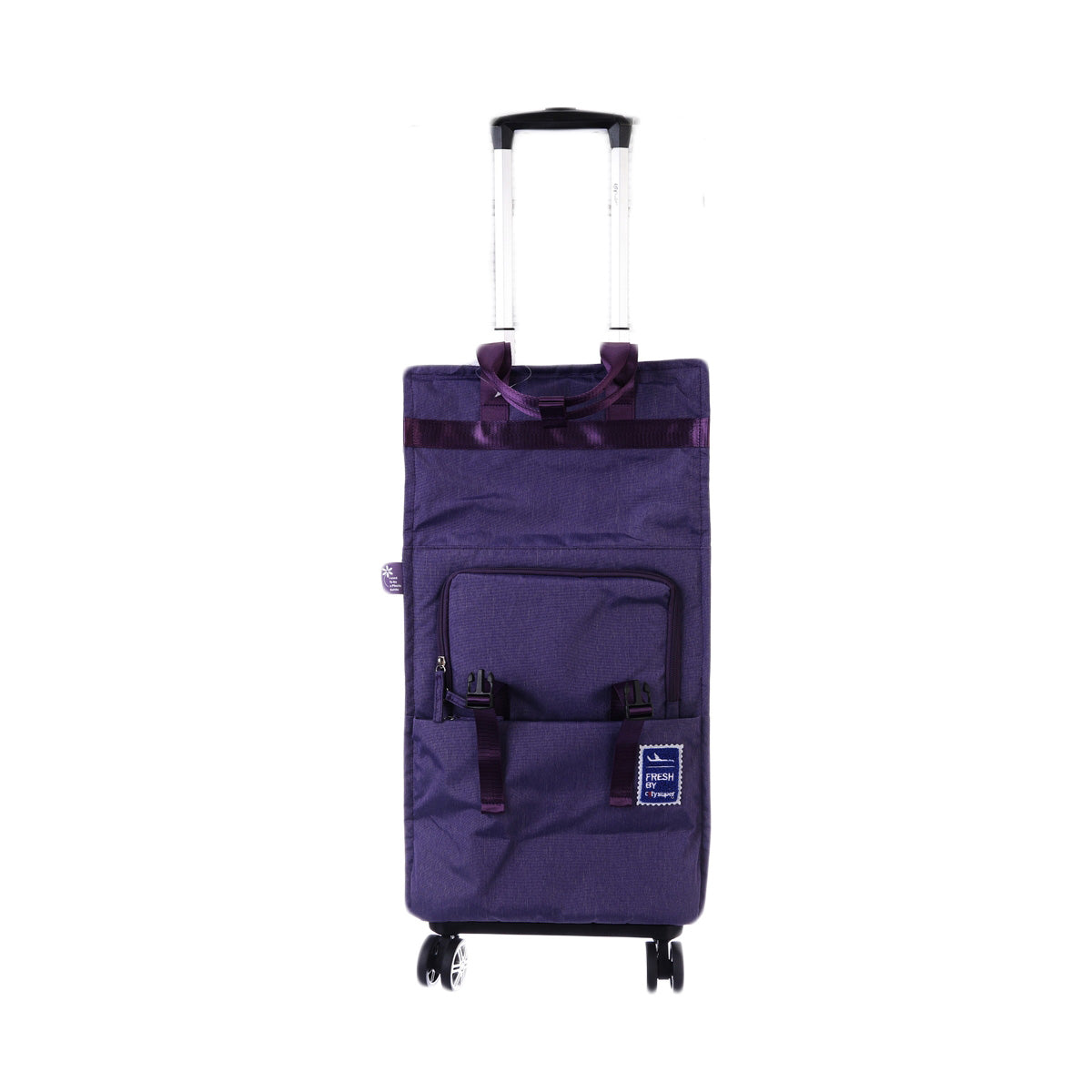 Purple fold-up expandable trolley bag with retractable handle, wheels, front pocket