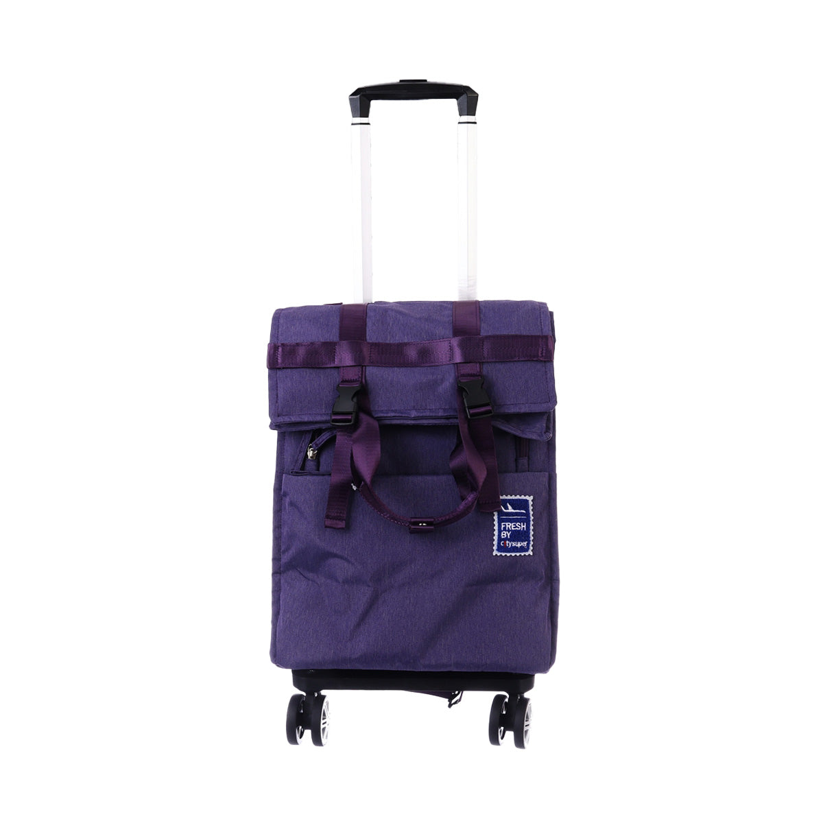 Purple fold-up trolley bag with top flap, front strap handles, four wheels