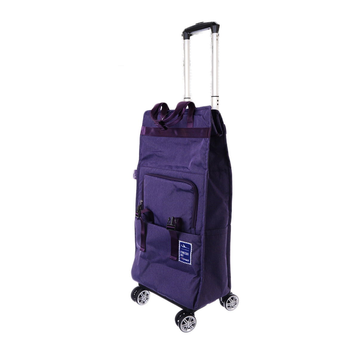 Purple fold-up expandable trolley with tall handle, side carry strap, front zip pocket
