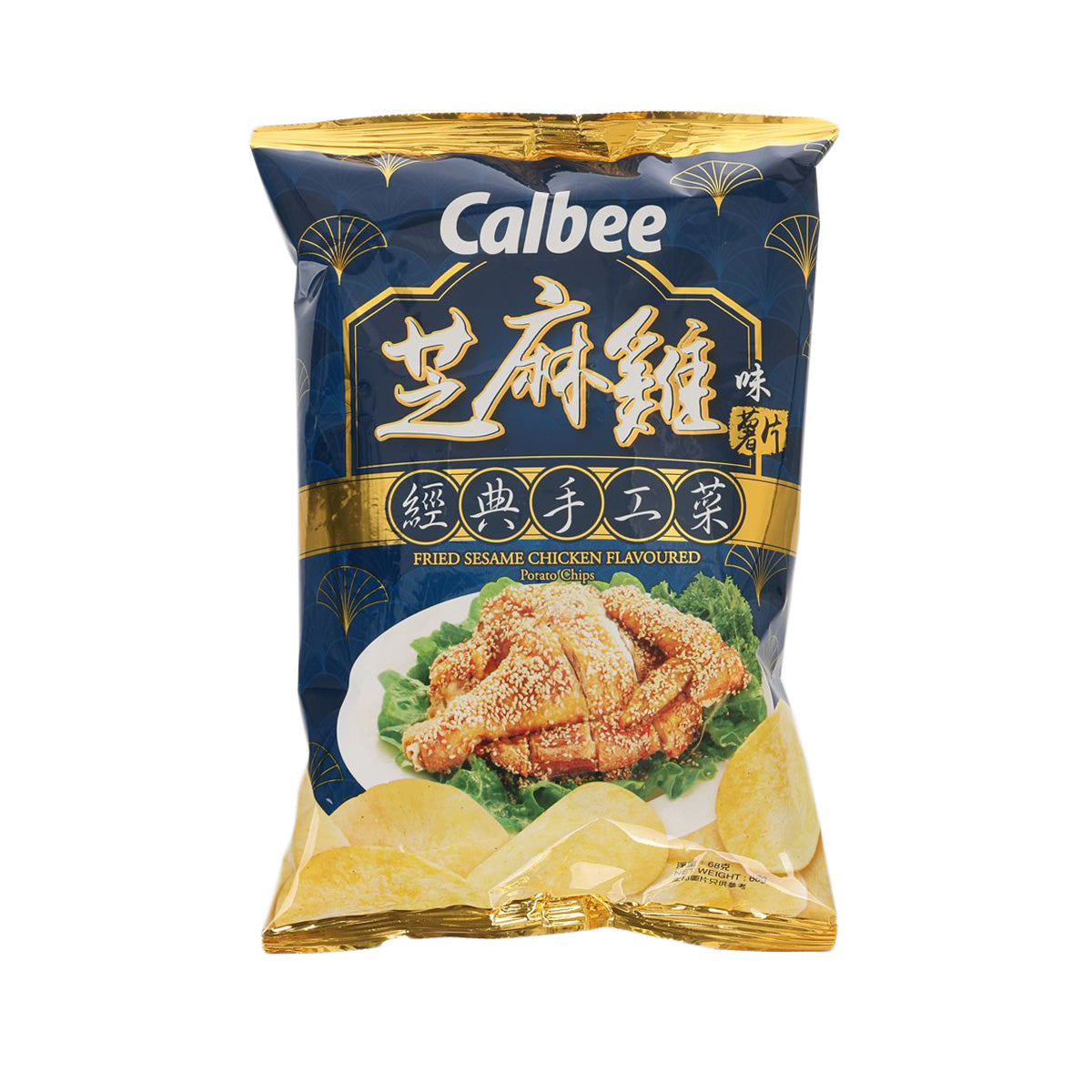 Calbee fried sesame chicken flavored potato chips bag, blue with gold print