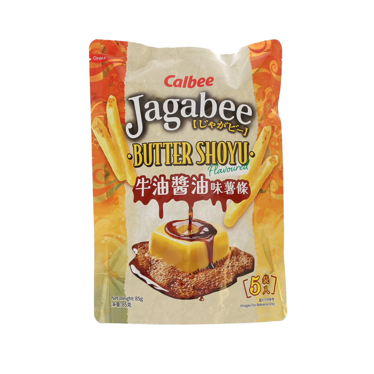 Calbee Jagabee potato stick pouch, butter shoyu flavor, standing bag front view