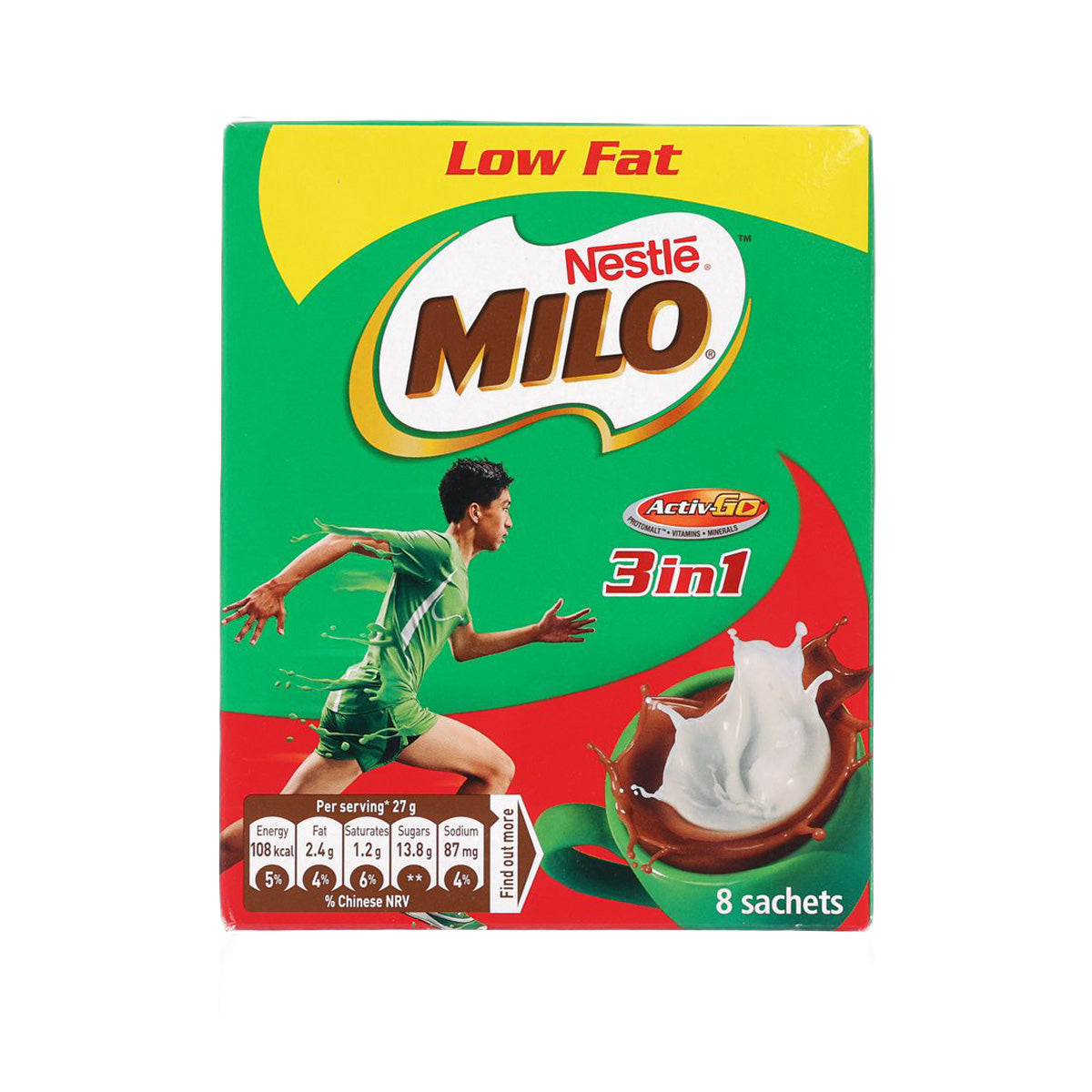 MILO 3-in-1 low fat malt drink powder box with 8 sachets