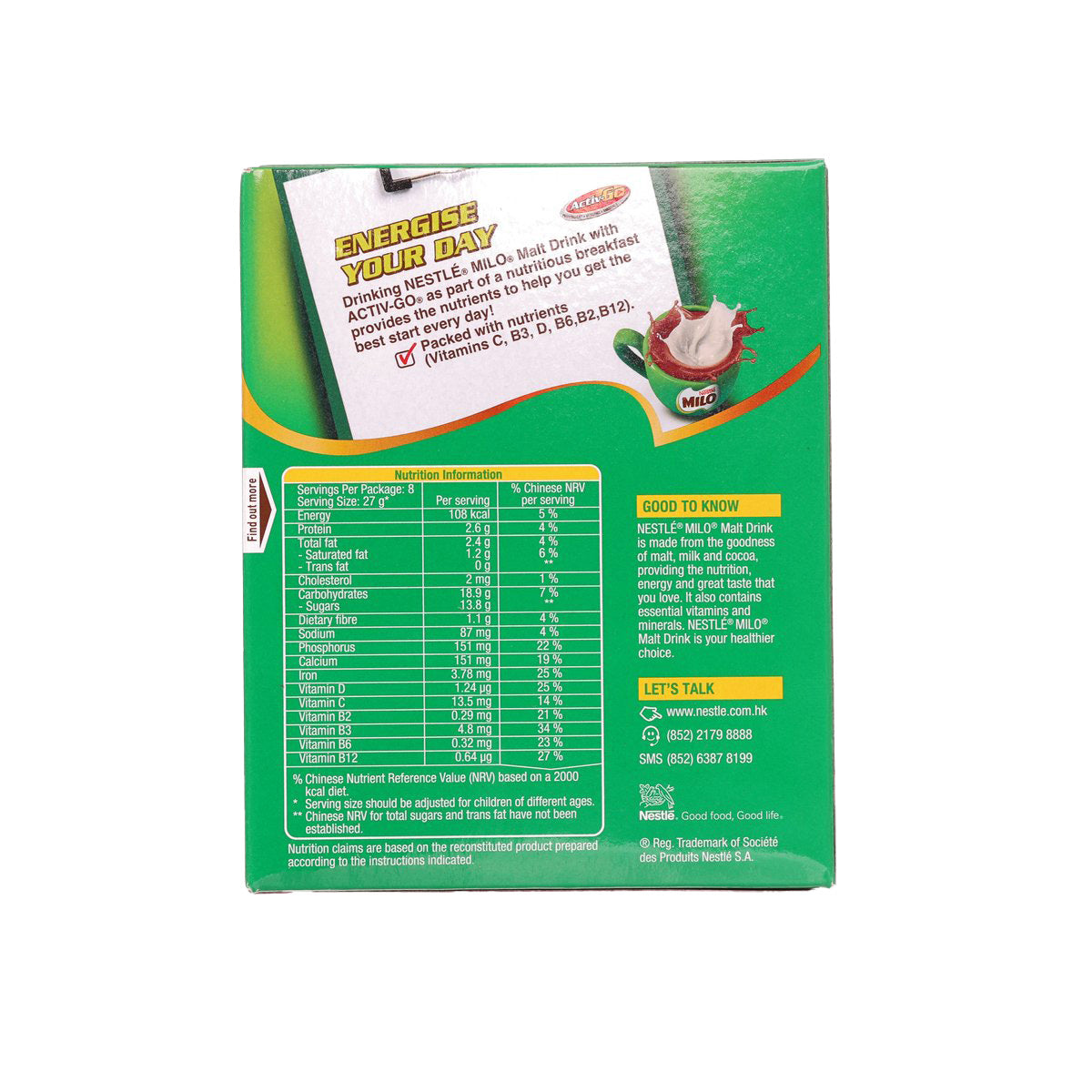 MILO 3-in-1 malt drink powder box back with nutrition table, 8 sachets