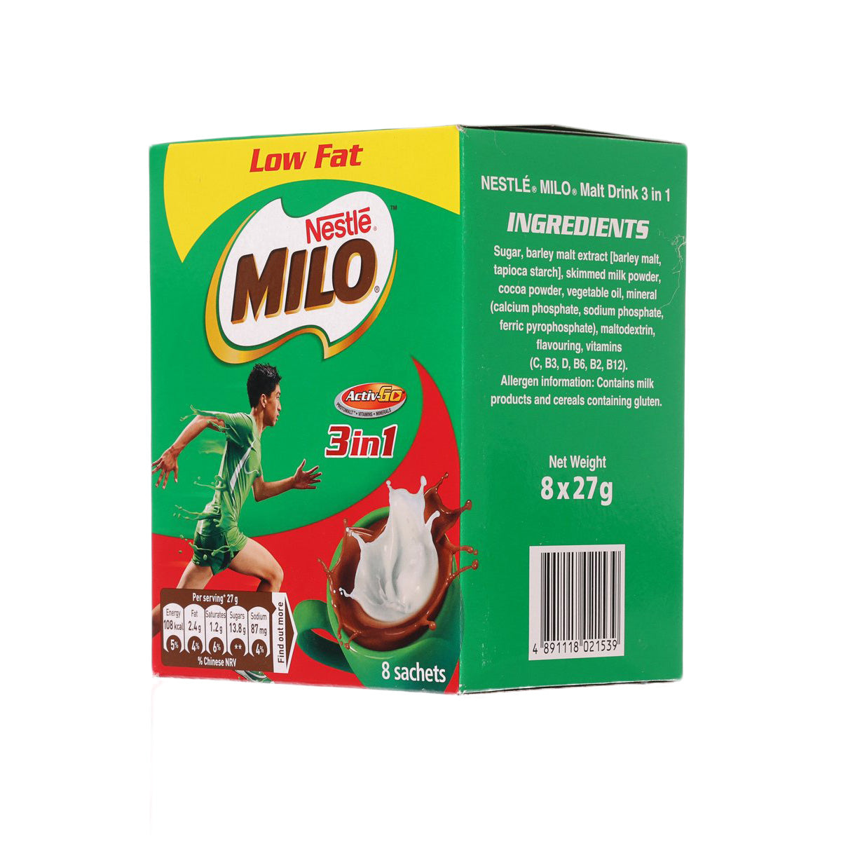 MILO 3-in-1 malt drink powder box with ingredients panel, 8 sachets