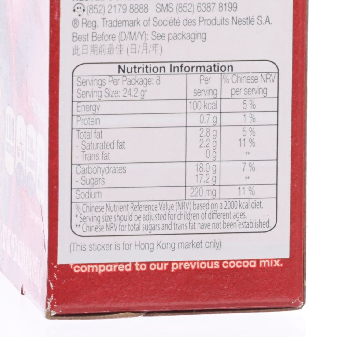 NESTLE hot milk cocoa mix box back with nutrition facts panel
