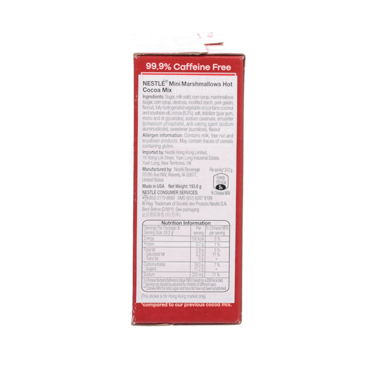 NESTLE hot milk cocoa mix with mini marshmallows box, back panel and nutrition facts