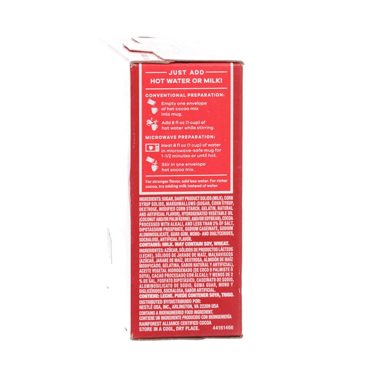 NESTLE hot milk cocoa mix box side panel with preparation instructions