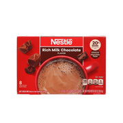 Nestle hot rich milk chocolate cocoa mix box with red design and chocolate pieces