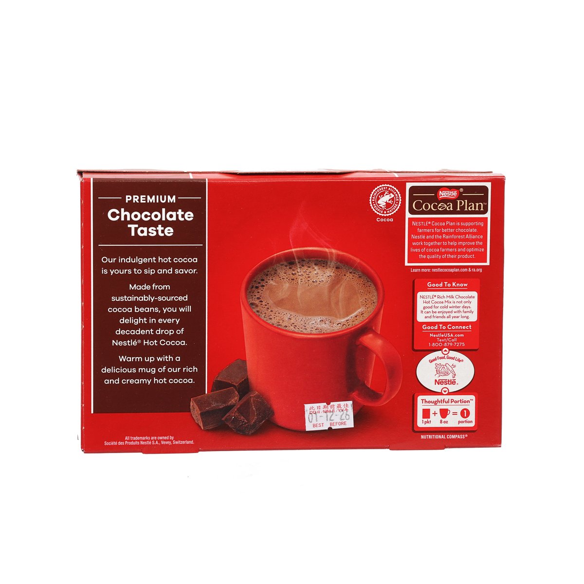 Nestle hot cocoa mix box back with cup image and Cocoa Plan label