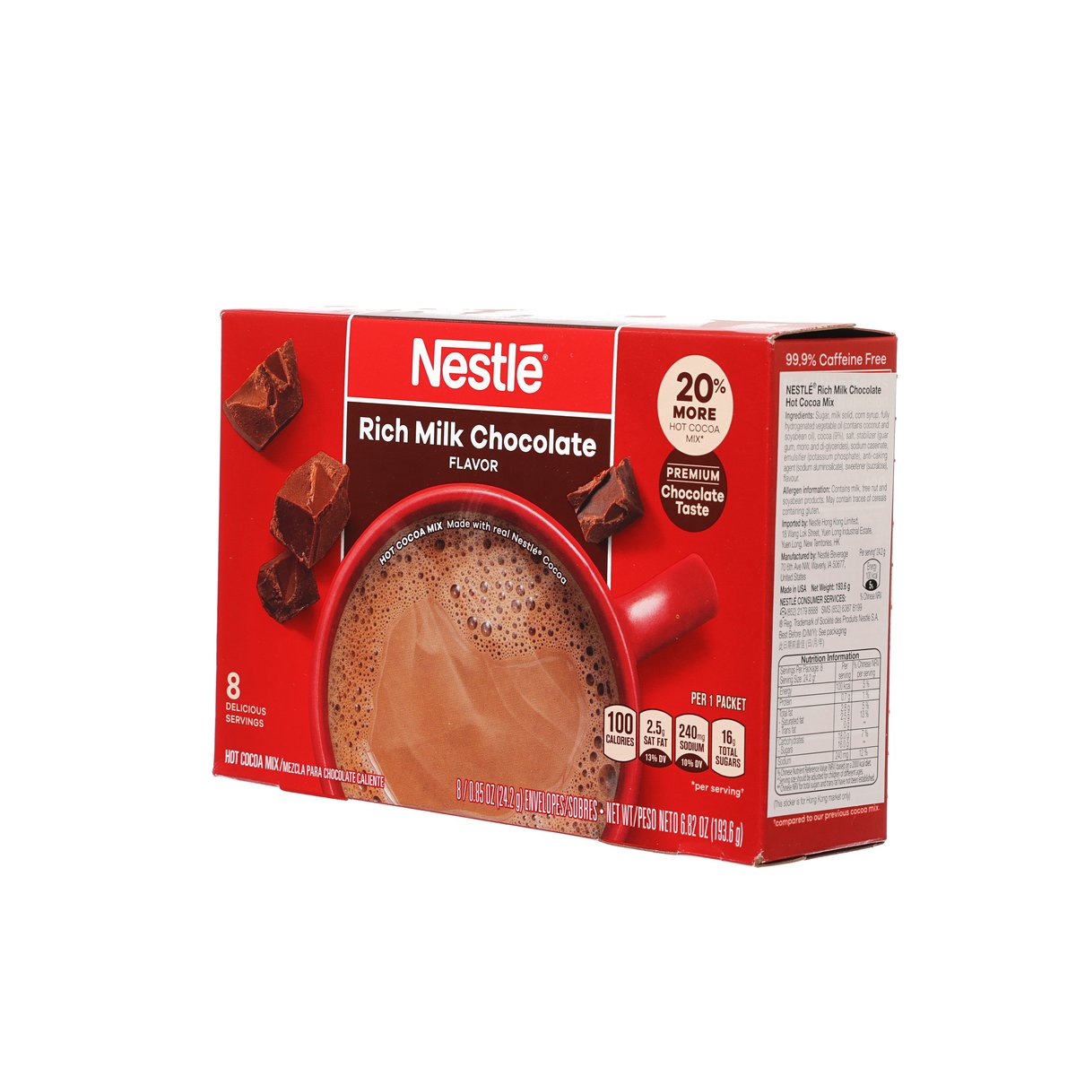 Nestle rich milk chocolate cocoa mix box with mug graphic and chocolate cubes