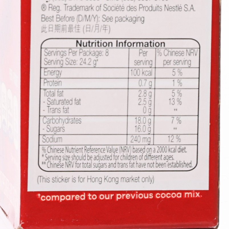 Nutrition information panel on Nestle hot cocoa mix box, with servings per package