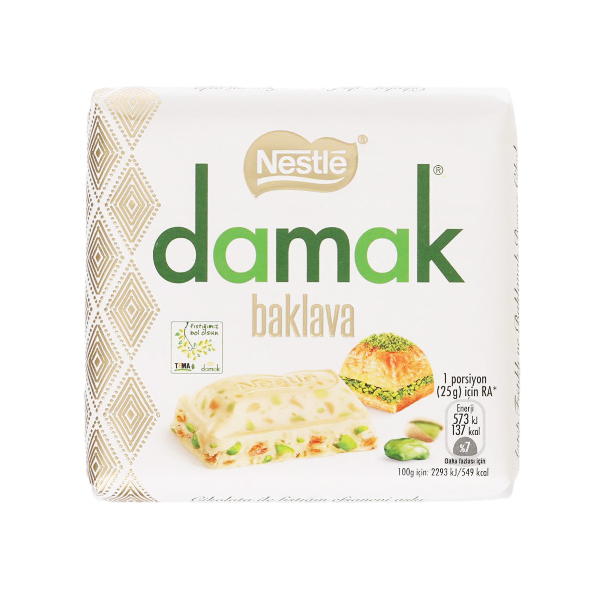 White chocolate and pistachio baklava box, Nestle Damak, front view packaging