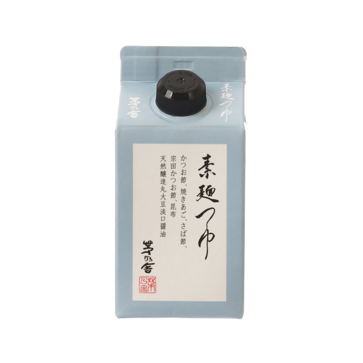 Noodle sauce pouch-style package with black spout cap and front label, light blue.